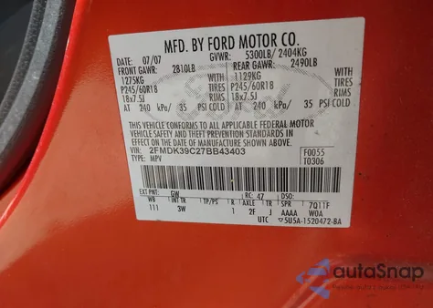 2007 Ford Edge Sel Plus z USA, uszkodzony, nr VIN 2FMDK39C27BB43403